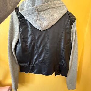 Last Kiss Black Leather Jacket with Gray Hood